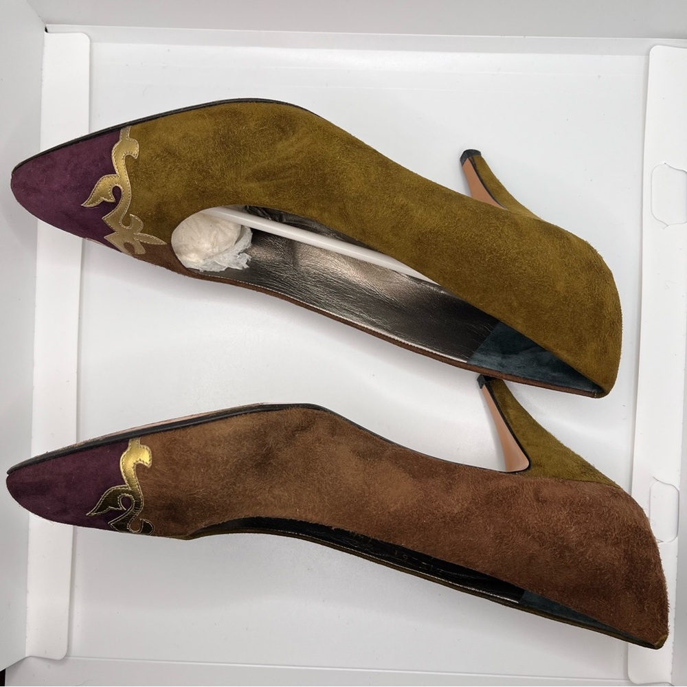 Vintage Bally Suede Multicolour Heels shoes Gold Pointed Toe Italy Rosalyn Pumps - Picture 4 of 12